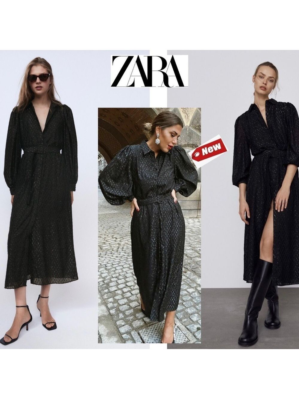 ZARA NWT BLACK LONG BUTTONED BELTED BALLOON SLEEVE DRESS WITH METALLIC THREAD S